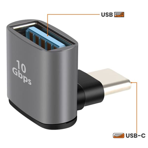 USB 3.2 hun til USB C han 10Gbps 90° vinkelret design LinQ Grå