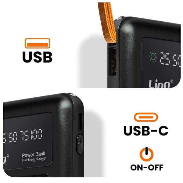 Solcelle Powerbank - LINQ - 15000mAh - Micro USB Lightning USB C Kabler - Sort Svart