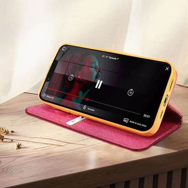 iPhone 14 Etui - Canvas Bog - Rosa - Denim Tøj - Fuld Beskyttelse - Video Støtte Ros