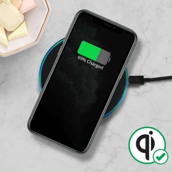 Qi induktionsoplader - iPhone 11 Pro Max - Sort - Kompatibel - Lydstyrkeknapper - Trådløs opladning Svart