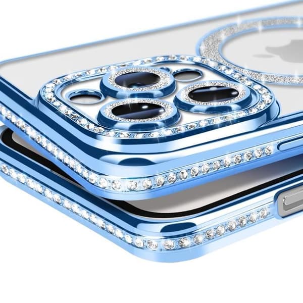 Coque - Diamant - iPhone 14 Pro - Strass Blå - Rigide - Kompatibel med MagSafe Blå