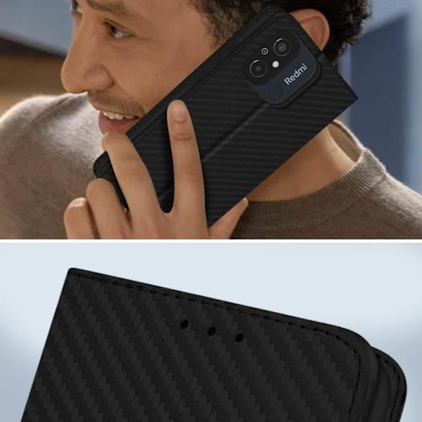 Fodral till Xiaomi Redmi 12C - AVIZAR - Svart - Koleffekt - Magnetisk flik - Videostöd Svart