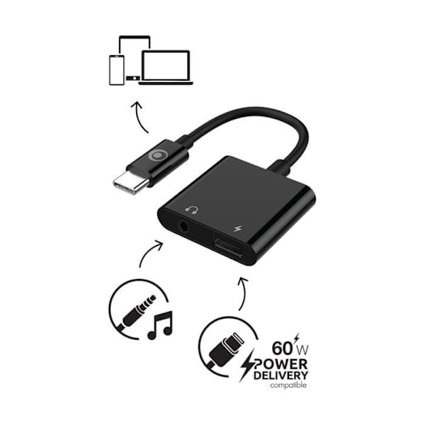 USB-C audioadapter - BigBen - 3.5mm - Opladning 60W - Kompakt 12cm - Sort