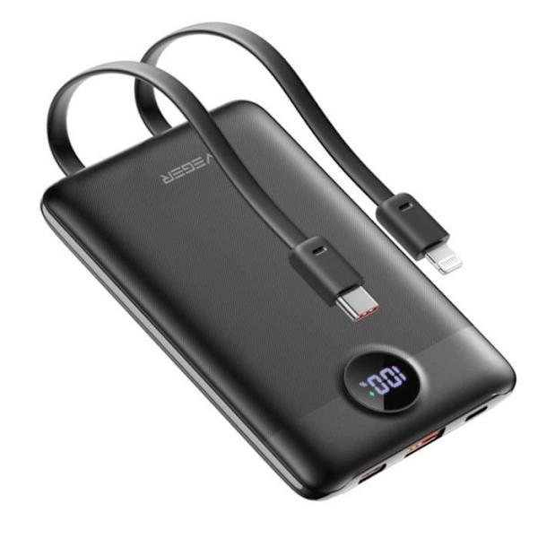 Extern laddare - VEGER - C11 - 10000mAh - USB 22,5W - USB C och Lightning-kablar 20W Svart