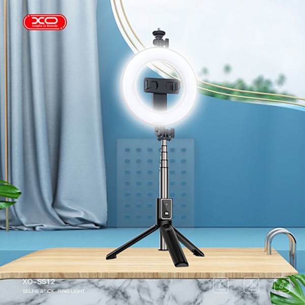 Selfie Lampe Teleskopisk Stativ med Bluetooth 5.2 Let Kompakt XO Sort