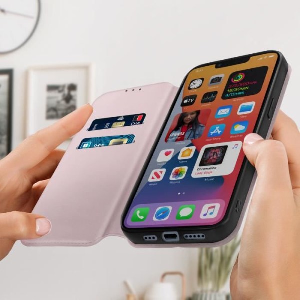 Folio kansi iPhone 14 Plus Flip Card kotelo Videotuki samppanja pinkki