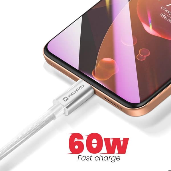 USB-C till USB-C-kabel 3m 60W Universell Snabbladdning och Överföring Swissten Silver