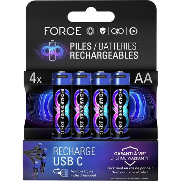 Pack med 4 uppladdningsbara USB-C typ LR6 / AA-batterier med laddkabel Force Power svart / blå Svart blå