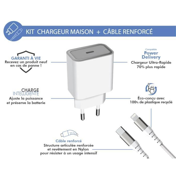 Ladeapparat til hjemmet - Force Power Lite - 30W - USB C/Lightning - 100% genanvendt plastik - livsvarig garanti Vit