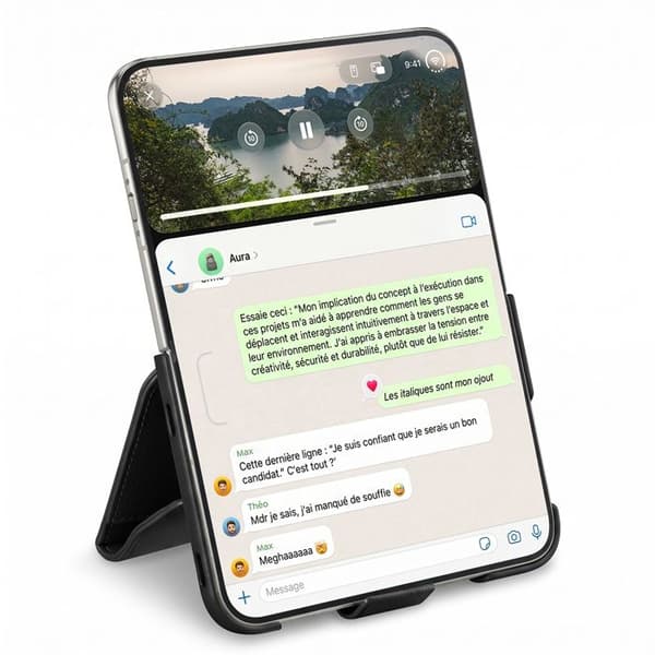Qialino Svart Läder Plånboksfodral för iPhone Duo med Fällbart Stöd Svart