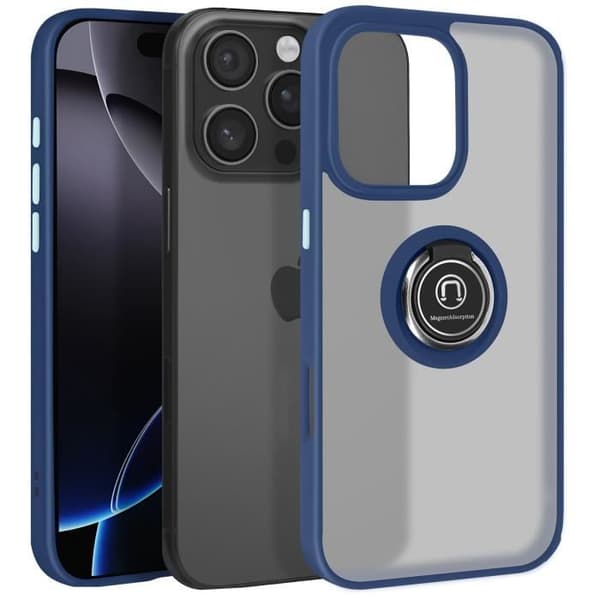 Coque til iPhone 16 Pro - Metalring - Stødresistent - Videostativ - Mørkeblå Blå