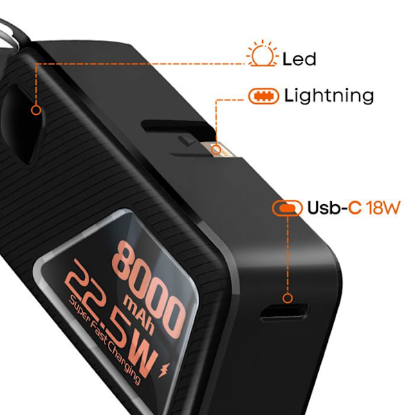Batteri Extern 8000 mAh Nyckelring USB C och Lightning LinQ Svart Svart