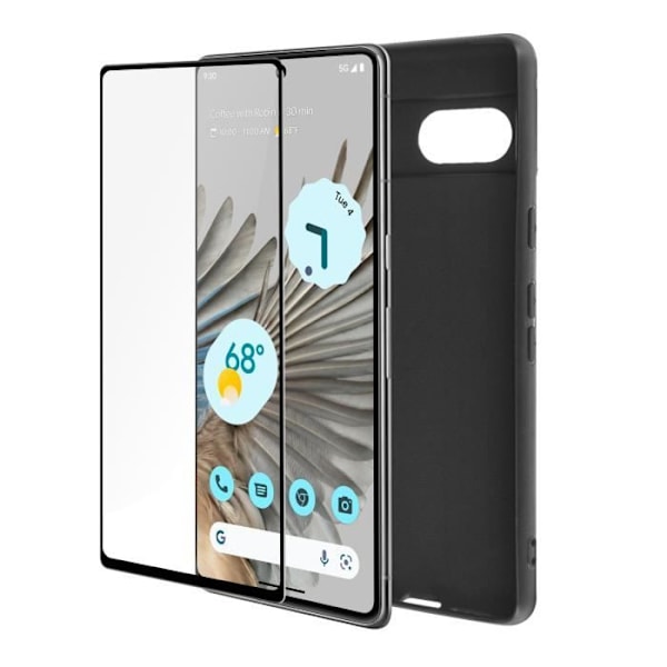 Google Pixel 7 Case Black Pehmeä Gel Silikoni ja 9H Tempered Glass Black Contour Svart