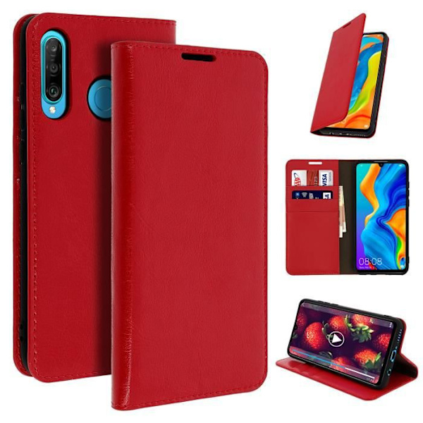 Huawei P30 Lite Etui - AVIZAR - Folio Læder Case - Rød - Video Støtte - Fuld Beskyttelse Röd