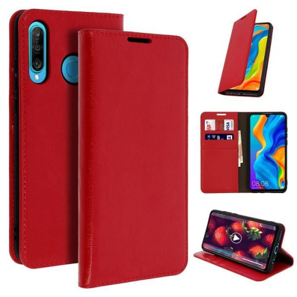 Huawei P30 Lite-fodral - AVIZAR - Läder Folio-fodral - Röd - Videostöd - Heltäckande skydd Röd