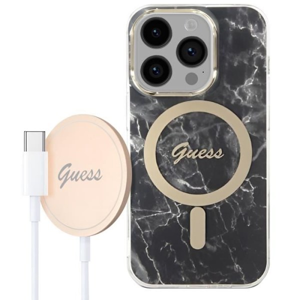 Pack för iPhone 14 Pro Marble Case och Guess 15W MagSafe Charger Black