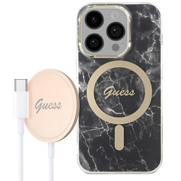Pakke til iPhone 14 Pro Marble Cover og Guess 15W MagSafe Charger Sort