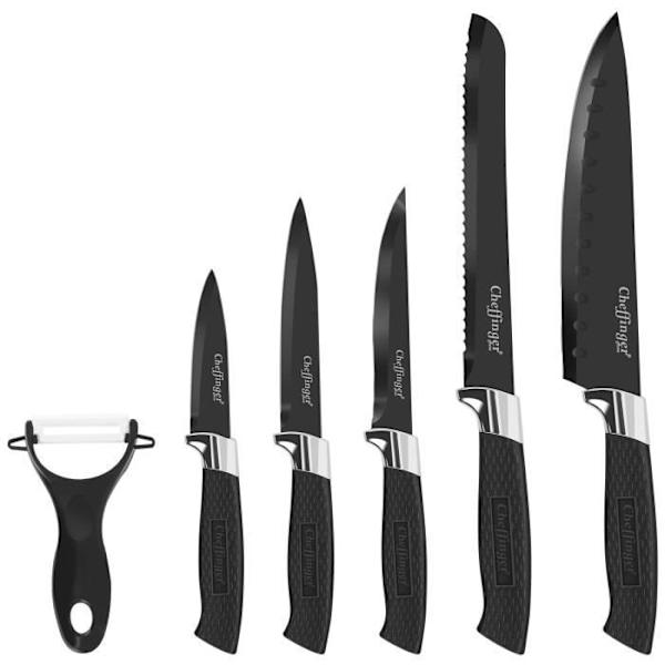 Knivsæt - Cheffinger - 6 stykker - Rustfrit stål - Magnetisk æske - Sort Svart
