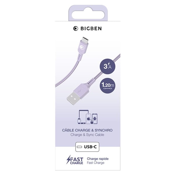 USB-A til USB-C kabel - BigBen - 1,2m - FastCharge 15W - 3A - Vævet Nylonsnor