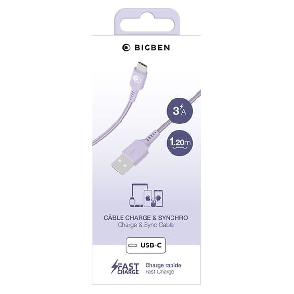 USB-A till USB-C-kabel - BigBen - 1.2m - Snabbladdning 15W - 3A - Vävd Nylon