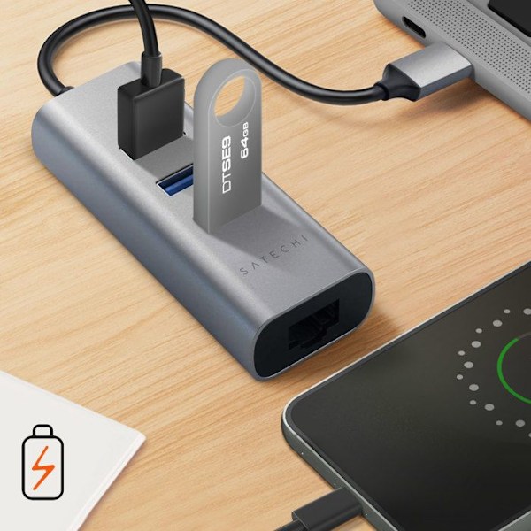 USB C hub til 3x USB og Ethernet, kompakt design, Satechi mørkegrå