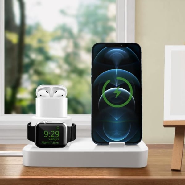 3 i 1 iPhone, AirPods och Apple Watch Laddningsställ i vit silikon