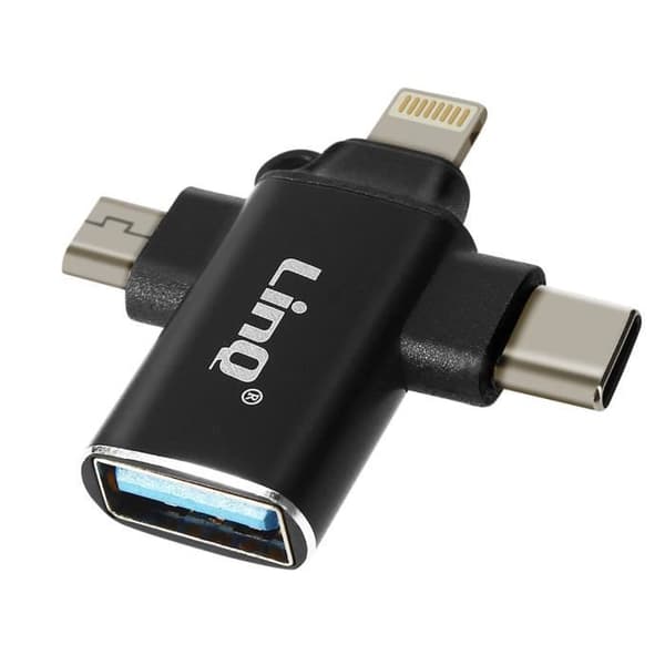 OTG-adapteri - LinQ - 3 in 1 - USB-C, Micro-USB, Lightning - USB 3.0 - Musta