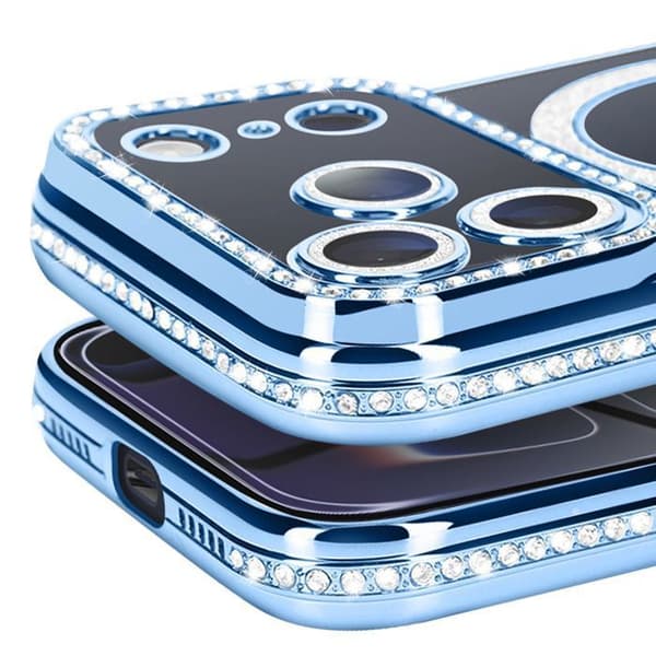 Fodral för iPhone 17 Pro Max - AVIZAR - Diamant MagSafe - Ljusblå - Pyntad - Förstärkt skydd Blå