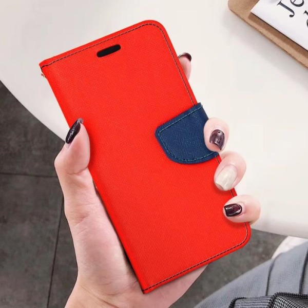 iPhone 13 Pro saffiano läderfodral Plånbok och rött och blått videostöd Röd
