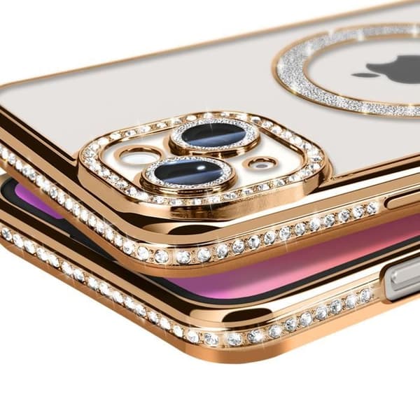Coque - Diamant - iPhone 14 Plus - Guld Strass - Slitstark - MagSafe Kompatibel - Elegant Gul