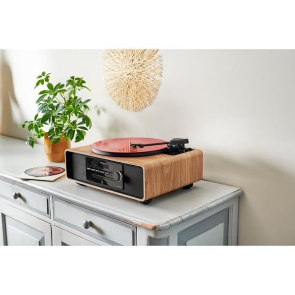 Bluetooth mikrosystem med pladespiller - THOMSON - Sort/Træ - FM/CD/MP3/USB radio, 60W, Pladeafspiller, Equalizer, Strømforsyning. 230V trä och svart
