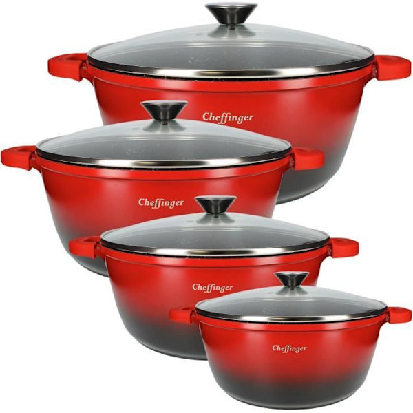 Marmitter - Cheffinger - Sæt af 4 - Marmor Non-stick Belægning - Silikone Håndtag - Transparent Låg Röd