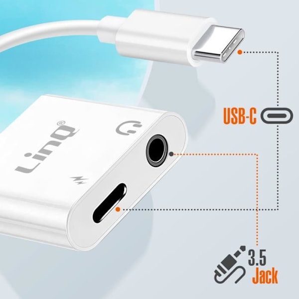 LinQ USB C -virtalähde ja 3,5 mm:n ääniliittimen lataussovitin, valkoinen