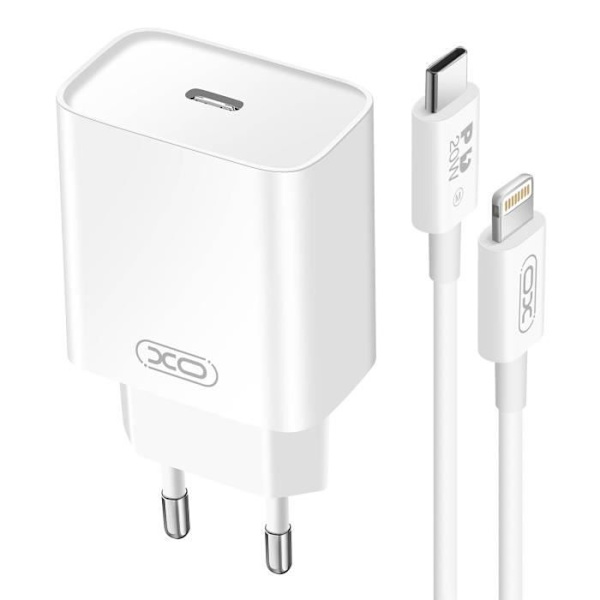 USB-C-laddare - XO - 20W - Kompakt - USB-C-kabel 60W - Överspänningsskydd Vit