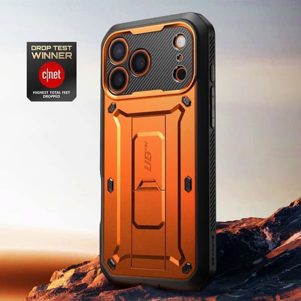 Heltäckande Skal - SUPCASE - iPhone 17 Pro - Skydd 6m - Inbyggd Ställning - Halkfri Apelsin
