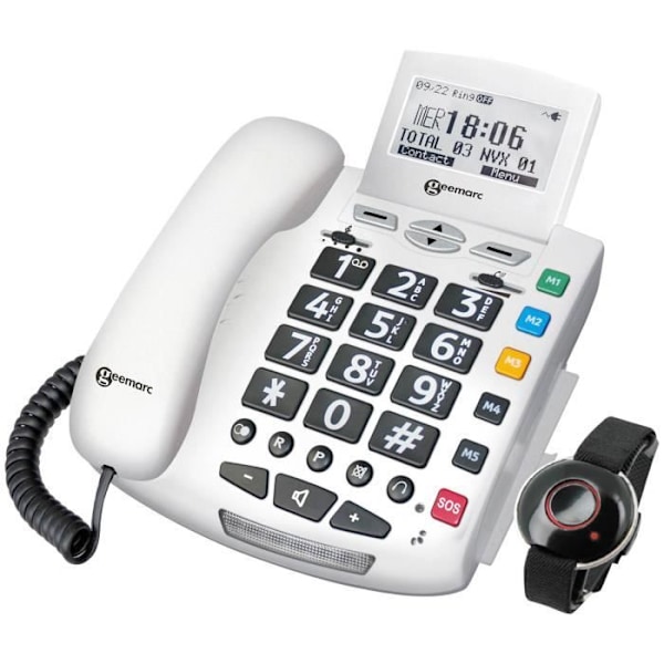 Senior trådansluten telefon med stora knappar och foto minne SOS armband Geemarc vit Vit