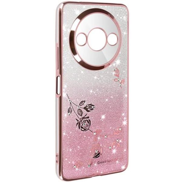 Kotelo Xiaomi Redmi A3:lle - AVIZAR - Glitterikukat - Pehmeä silikoni - Tukirengas Rosa