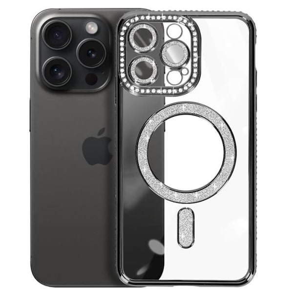 Diamantfodral till iPhone 15 Pro Max - AVIZAR - Black Rhinestone Outline - MagSafe Protection Svart