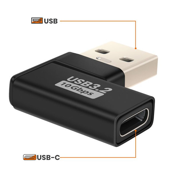 USB C till USB 3.2 hane Adapter Laddning Överföring 10Gbps Vinklad LinQ Svart