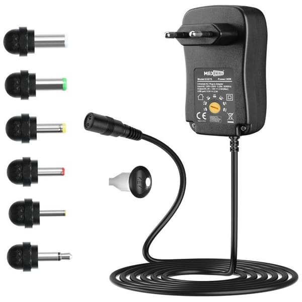 Adapter - MAX EXCELL - Max excell Sort - 30W - Justerbar Spænding 3-12V - USB Inkluderet Svart