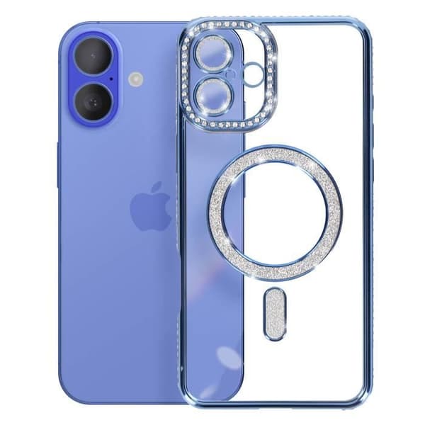 Coque Diamant för iPhone 16 Plus Skydd MagSafe Kontur Strass Ljusblå Blå