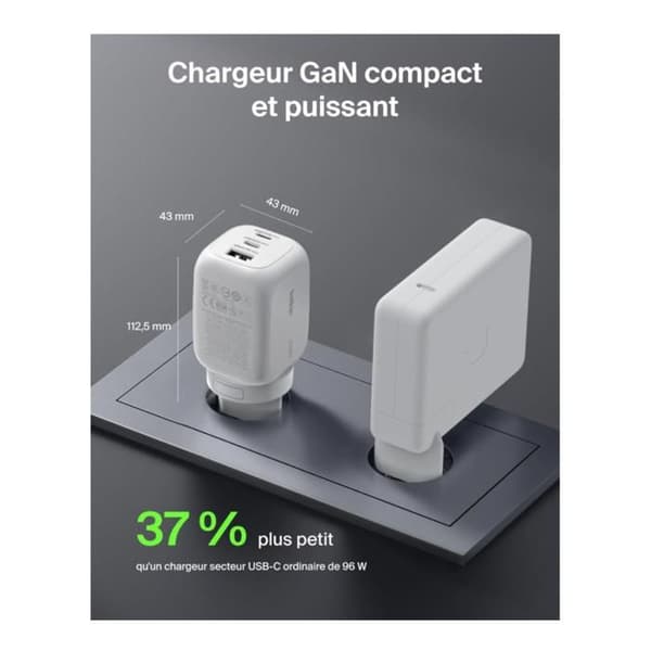 "USB-C 100W max PD-PPS vægoplader: 2 USB-C 100W, 1 USB-A 22.5W - hvid - Belkin"
