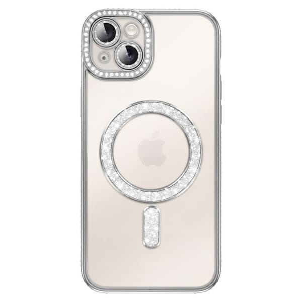 iPhone 15 Plus Cover Kompatibel med MagSafe med Sølv Rhinestone Kant Grå