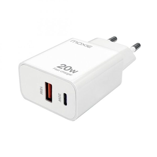 Ultra Hurtig Oplader 20W Dobbelt USB-C og USB-A Port Moxie Hvid Vit