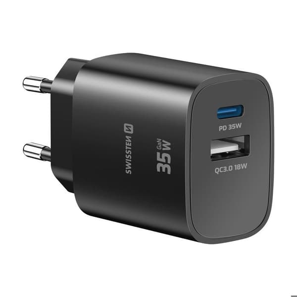 USB-C oplader 35W Power Delivery og USB-A Quick Charge 3.0 18W Swissten Sort Svart