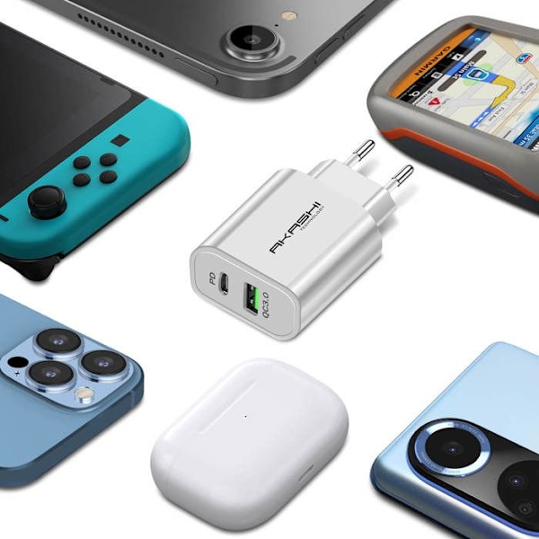 Oplader 38W Dobbelt USB-A QC 3.0 + USB-C PD Hurtigopladning Akashi hvid Vit