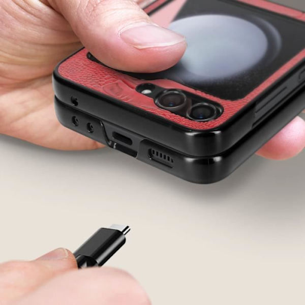 Fodral till Samsung Galaxy Z Flip 5 - ABEEL - Hybrid äkta läder - Rött Abeel Snake Mönster Röd