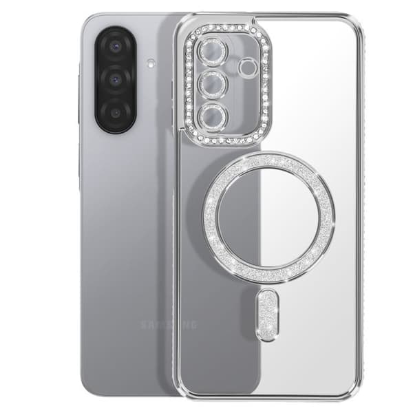 Skydd för Galaxy A17 Kompatibel med MagSafe med Silver Strassad Kant Grå