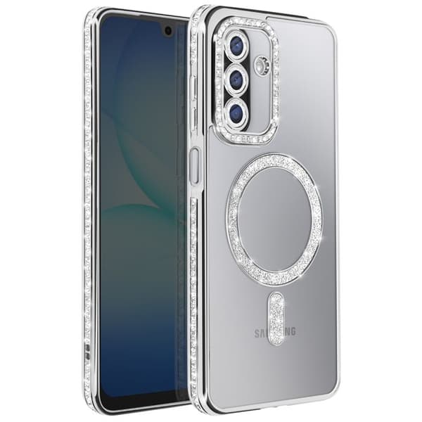 Skydd för Galaxy A17 Kompatibel med MagSafe med Silver Strassad Kant Grå