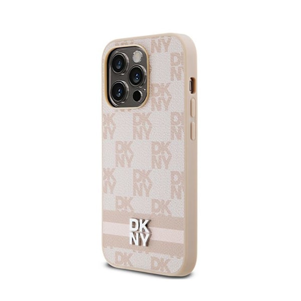 DKNY Monomönster i rutigt läder och tryckta ränder - iPhone 14 Pro-fodral (rosa)
